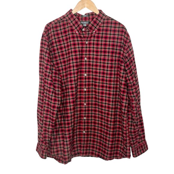 Eddie Bauer Relaxed Fit Plaid Flannel Shirt Red Black Mens TXL Tall Fall - Picture 1 of 8